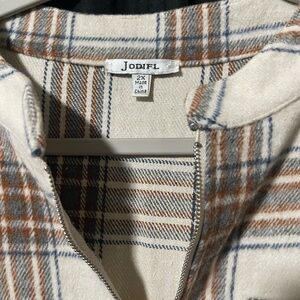 JODIFL Women's Cream and Brown Plaid Teddy Jacket